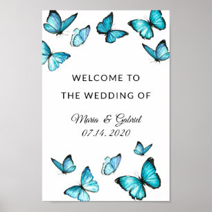 Bleu papillons d'aquarelle Mariage Poster