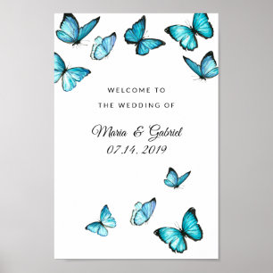 Bleu papillons d'aquarelle Mariage Poster