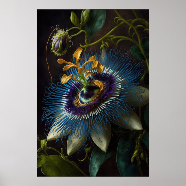 Bleu Passion Flower Art Imprimer Poster (Devant)