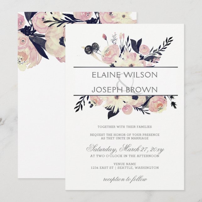 Bleu & Pêche rose Floral Printemps Invitation de m (Devant / Derrière)