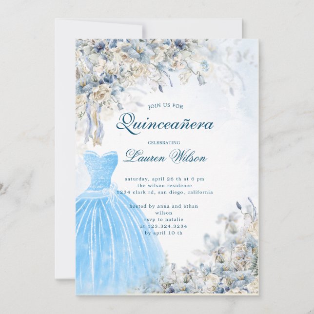 bleu poussiéreux Quinceañera Invitation (Devant)