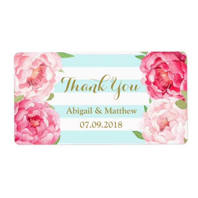 Bleu Rayures Aquarelle rose Étiquettes de mariage  (Devant)