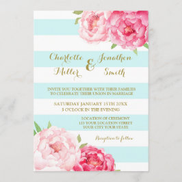 Bleu Rayures Fleurs Roses Invitations Mariage