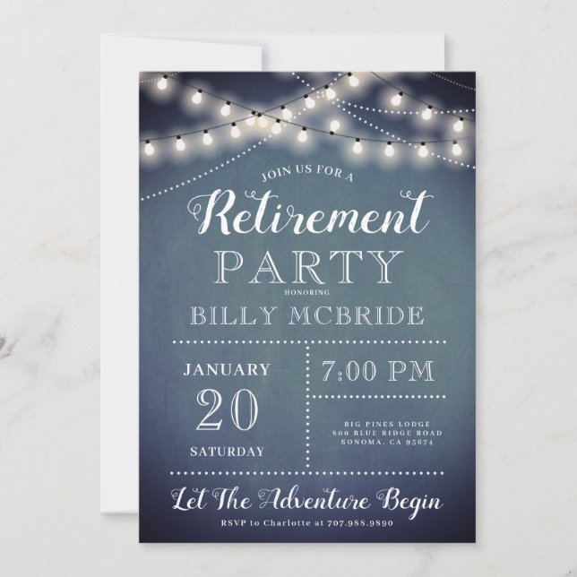 Bleu Retraite Party Chaîne Lumières Invitation (Devant)