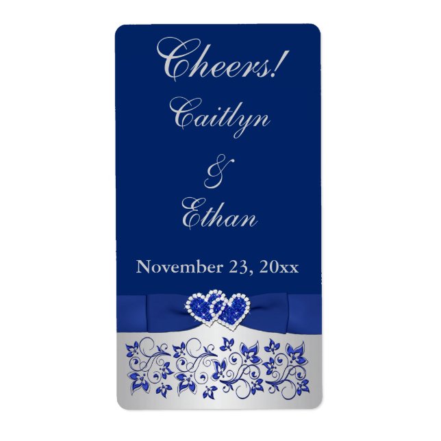 Bleu RIBBON IMPRIMÉ, Étiquette Mariage en argent (Devant)