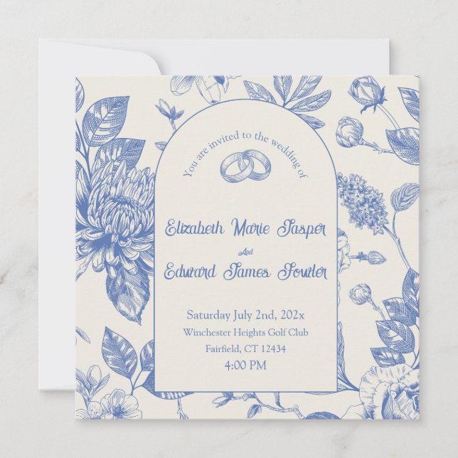 Bleu Riche Toile Florale Français Invitation Flora (Devant)