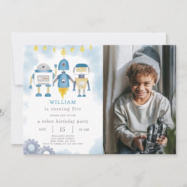 Bleu Robot Invitation Anniversaire Avec Photo (Devant)