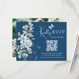 Bleu romantique Floral RSVP QR Code Mariage photo