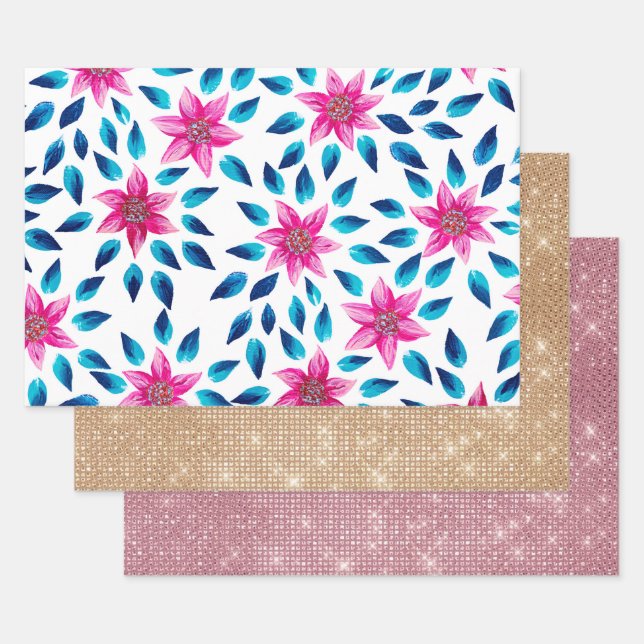 Bleu rose clair Fleurs Feuilles Peinture acrylique (Lot)