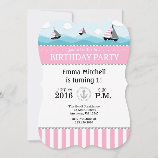 Bleu rose Nautique Invitation d'anniversaire (Devant)