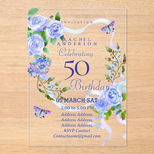 Bleu Rose Ruban Invitation d'anniversaire (Recto)