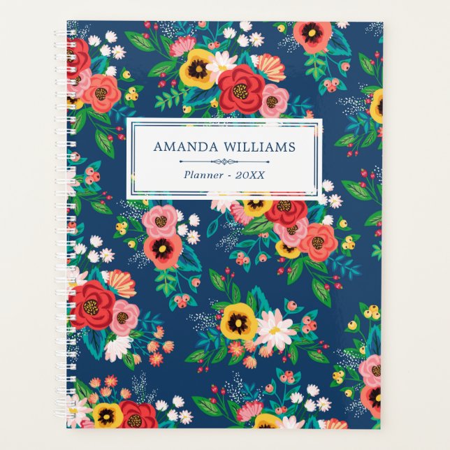 Bleu & Rouge Folk Boho Floral Motif - Ajouter un n (Devant)