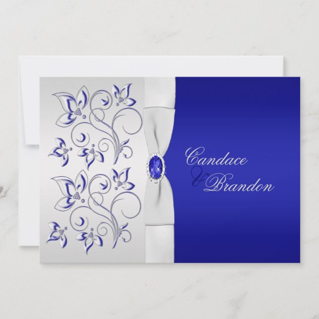Bleu royal et faire-part de mariage floral argenté (Devant)
