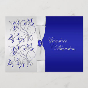 Bleu royal et faire-part de mariage floral argenté