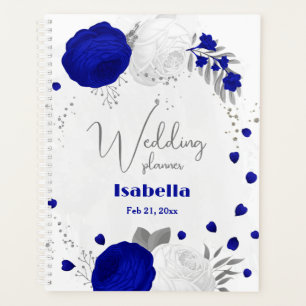 bleu royal et fleurs blanches argent