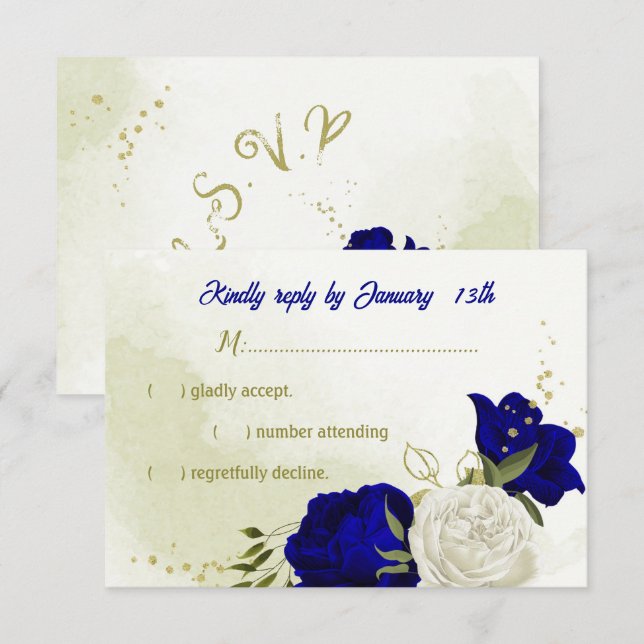bleu royal fleurs blanches vert feuilles carte RSV (Devant / Derrière)