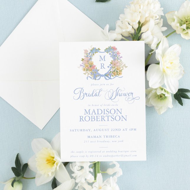 Bleu Ruban Floral Crest Bridal Douche Invitation (Créateur téléchargé)