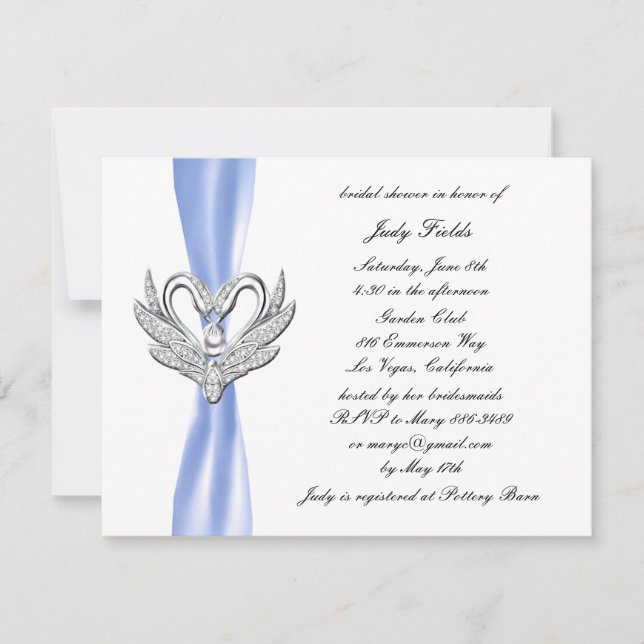 Bleu Ruban Swans Argent Douche nuptiale Invitation (Devant)