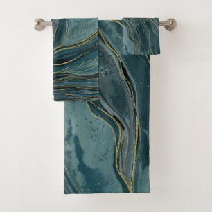 Bleu sarcelle or abstrait vagues aquarelles