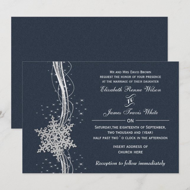 Bleu Silver Snowflakes invitations de mariage hive (Devant / Derrière)