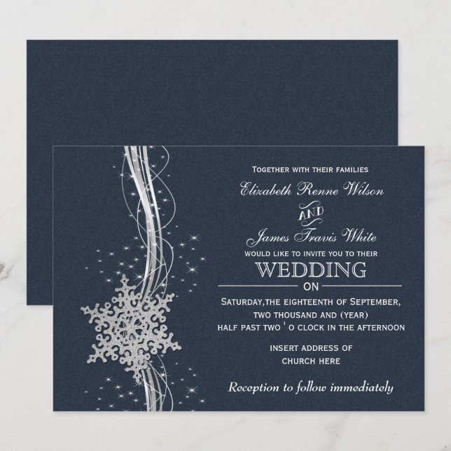 Bleu Silver Snowflakes invitations de mariage hive (Devant / Derrière)
