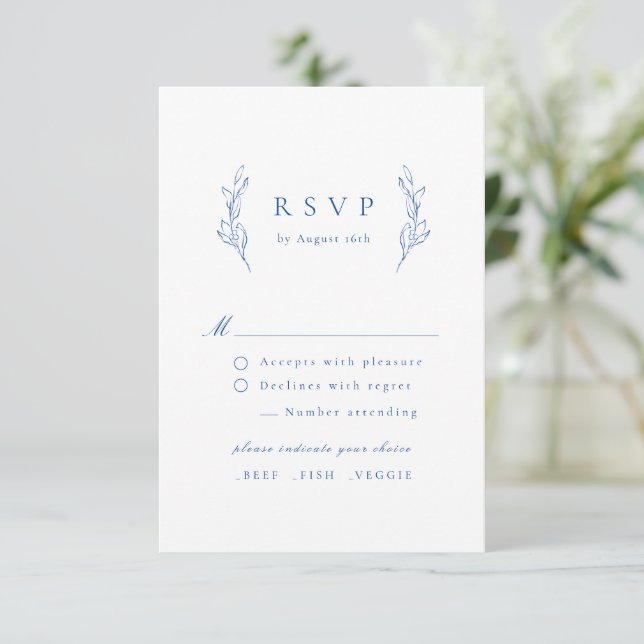Bleu simple élégance botanique mariage RSVP carte (Debout devant)