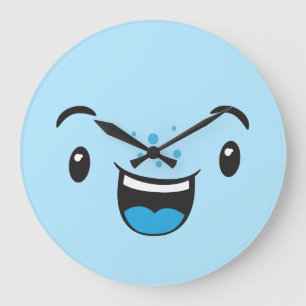 Bleu Souriant Kawaii Face Mur Horloge