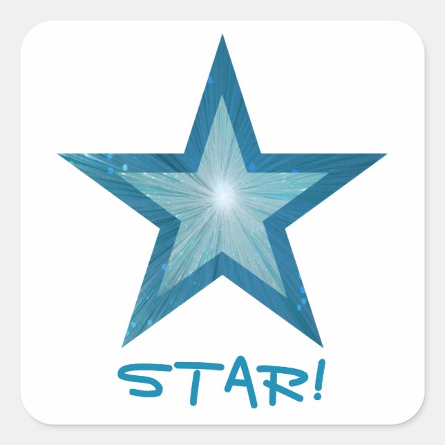 Bleu Star 'STAR!' autocollant carré blanc (Devant)