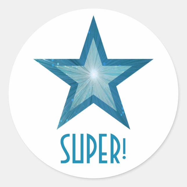 Bleu Star 'SUPER!' autocollant rond blanc (Devant)