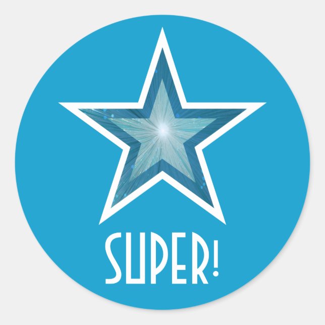 Bleu Star 'SUPER!' autocollant rond bleu (Devant)