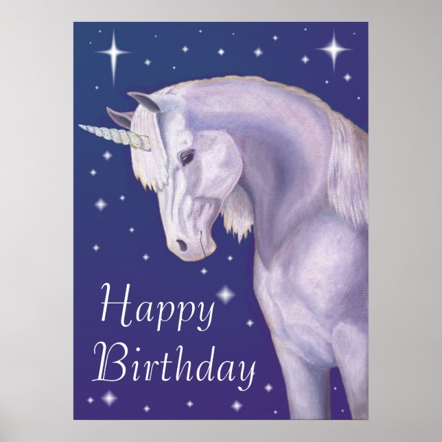 Bleu Starry Unicorn Bonne affiche d'anniversaire (Devant)