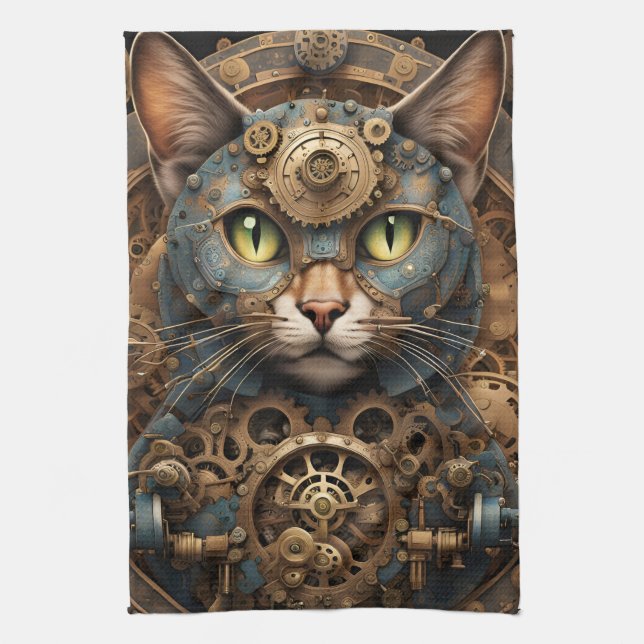 bleu steampunk cat AI art serviette de cuisine (Vertical)