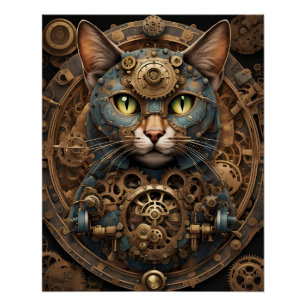 bleu steampunk chat AI affiche d'art