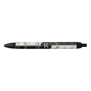 Bleu Stylo en marbre noir blanc avec texte personnalisé