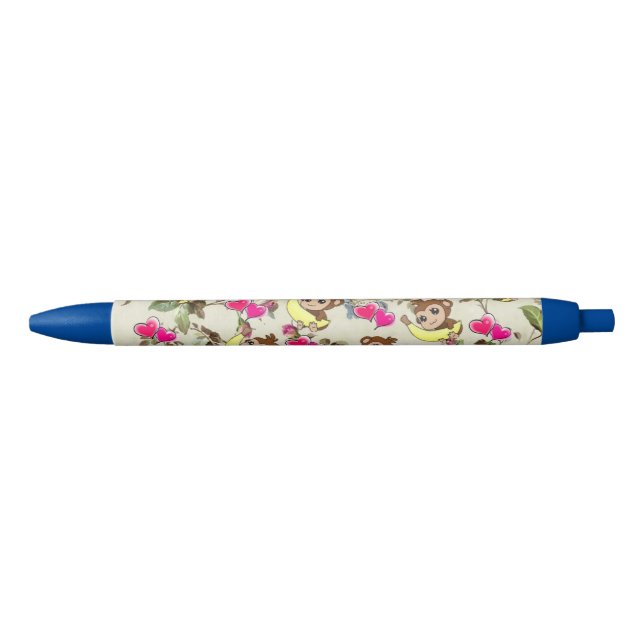 Bleu Stylo et stylo d'école Bananes Singes Coeurs (Devant)