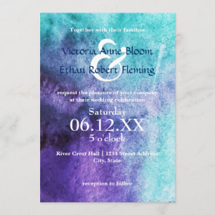 Bleu sur aquarelle violette - Faire-part de mariag