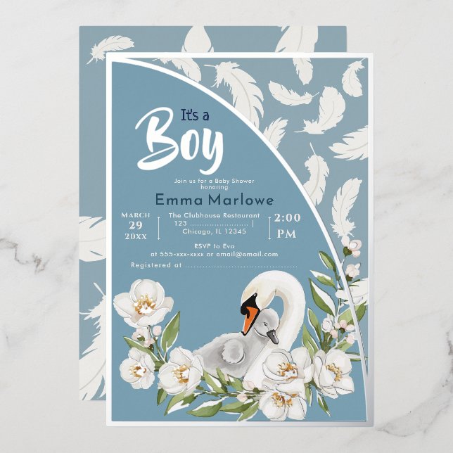 Bleu Swan Baby Foil Invitation (Recto/Verso)
