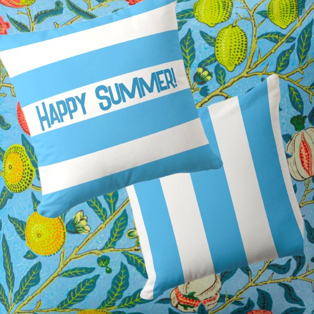 Bleu tendance Blancs Coussin extérieur (Popular blue and white stripes are trendy and chic this summer! Personalize or leave plain.)