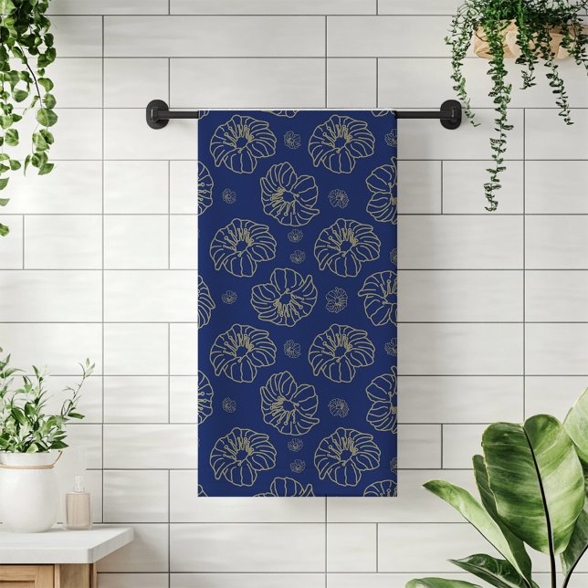 Bleu tendance, Or Chic Floral Modèle de serviette  (Navy Blue I Gold Flowers Pattern Bath Towel Set)