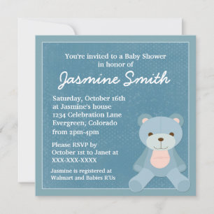Bleu thème teddy ours bébé invitation douche
