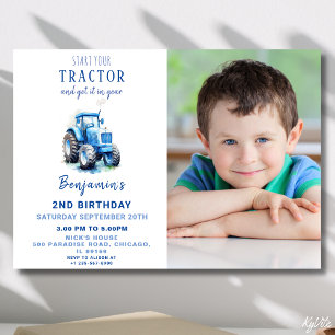 Bleu Tracteur Invitation à l'anniversaire avec pho