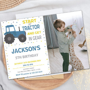 Bleu Tracteur Invitations Anniversaire avec photo