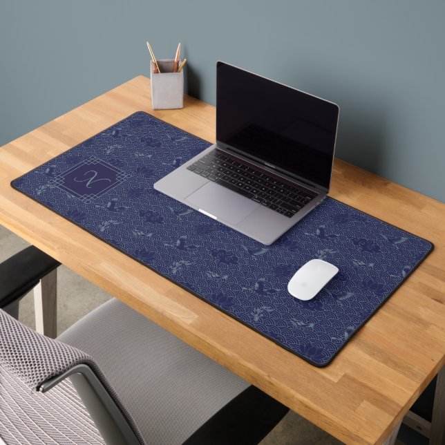 Bleu traditionnel japonais Vague Seigaiha Monogram (Bureau 2)