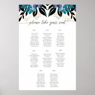 Bleu turquoise Floral Mariage frontière Poster