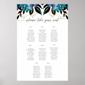 Bleu turquoise Floral Mariage frontière Poster