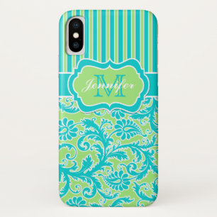 Bleu, vert, blanc rayé Damask iPhone X Coque