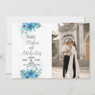 Bleu vert Fleur mariage Invitations avec photo