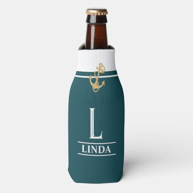 Bleu Vert Nautique Monogramme Glacière bouteille (Bottle Devant)