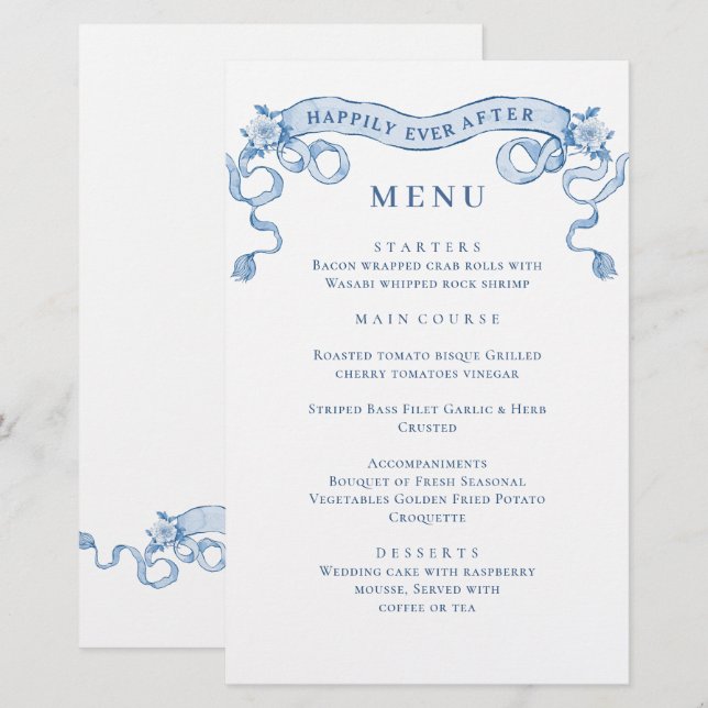 Bleu Victorien Ornate Grace Mariage Dîner Menu (Devant / Derrière)