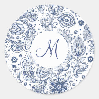 Bleu Vintage motif floral Monogramme Sticker rond